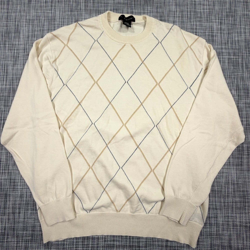 J. Ferrar Mens Large Cream Argyle Sweater Cotton Crewneck Long Sleeve Pullover